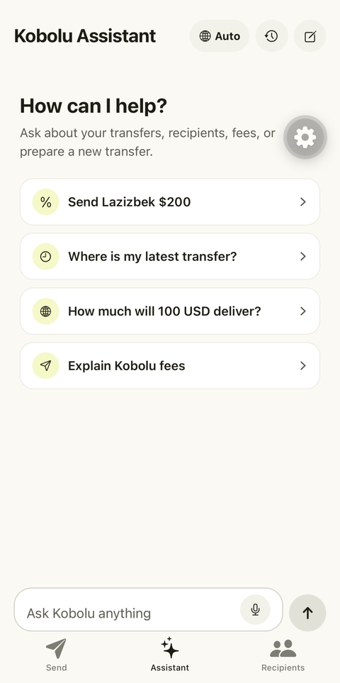 Kobolu Assistant screen: multilingual chat with quick actions like checking a transfer or fees